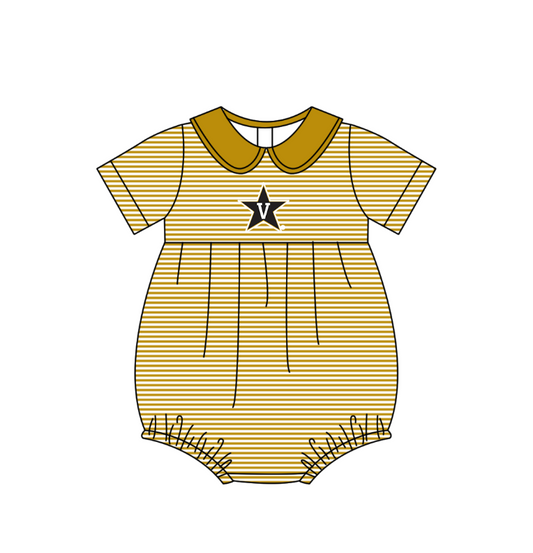 Preorder (moq 5)Baby Girls Short Sleeve Gold V Team Ruffle Rompers