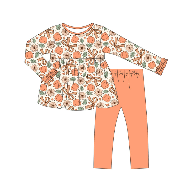 Preorder (moq 5)Baby Girls Long Ruffle Sleeves Bows Pumpkins Tunic Legging Pant Set