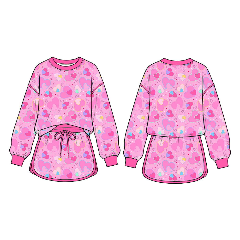 Preorder (moq 5)Baby Girls Colorful Hearts Long Sleeve Top Skirt Short Valentines Clothes Set