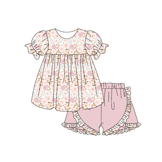 Preorder moq 5 Baby Girls Short Ruffle Sleeves Pink Flowers Tunic Ruffle Short Set