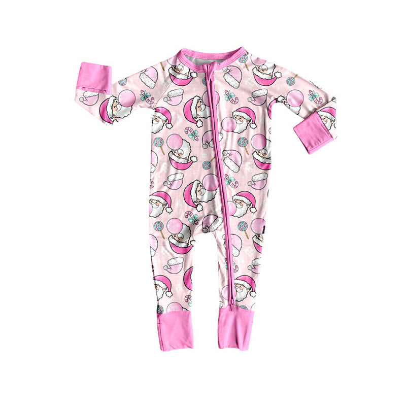 Preorder(moq 5)Baby Boys Pink Santa Candy Cane Christmas Zipper Footie Rompers