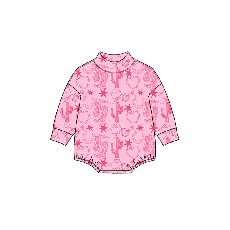 Preorder moq 5 Baby Girls’ Pink Cactus, Heart & Hat All-Over Print Long-Sleeve Crew Neck Romper