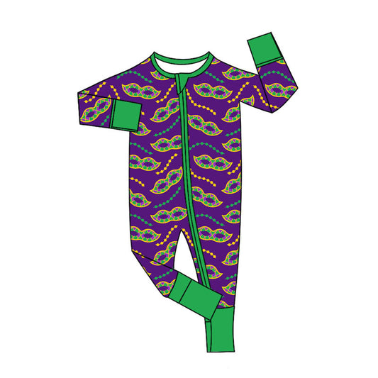 Preorder (moq 5)Baby Boys Mardigras Masks Necklaces Two Way Zipper Convertible Rompers