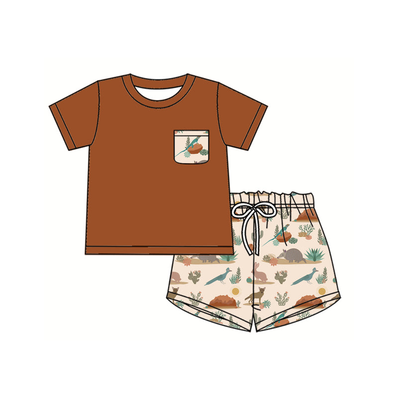 Preorder moq 5 Baby Boys Brown Short Sleeves Pocket Top Animals Cactus Short Set