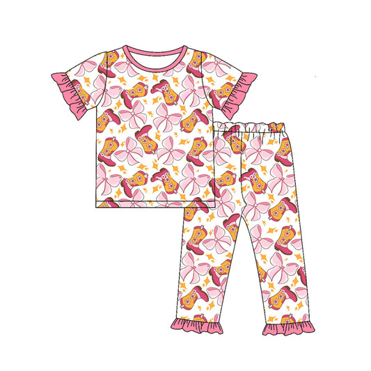 Preorder (moq 5)Baby Girls Short Ruffle Sleeves Pink Bows Boots Top Pant Pajamas Set