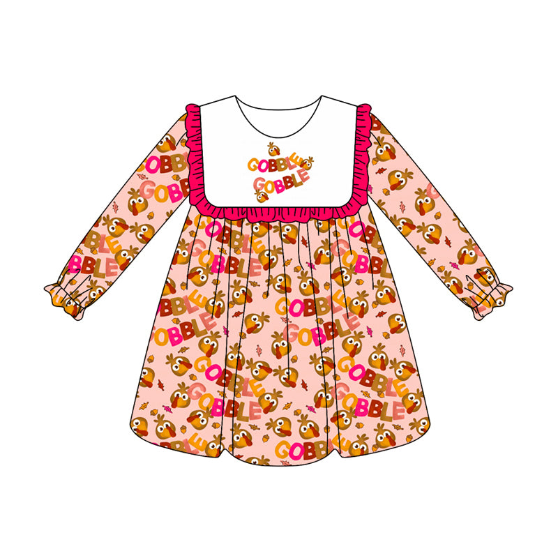 Preorder (moq 5)Baby Girls Pink Long Ruffle Sleeves Turkey Plaid Gobble Knee Length Dresses