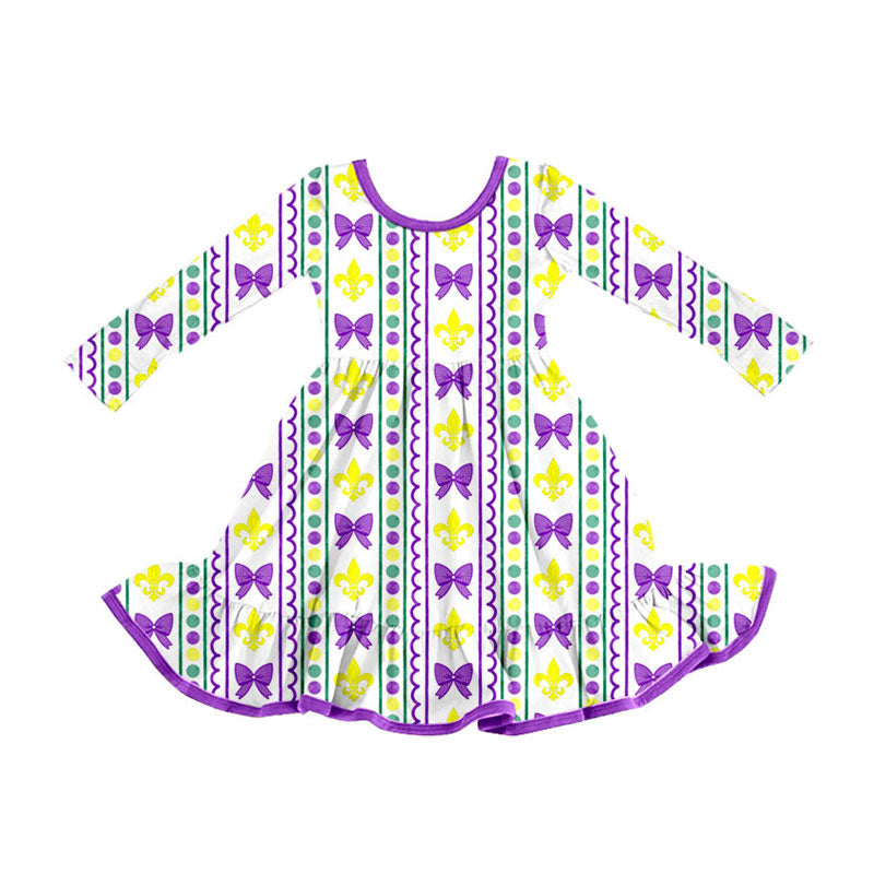 Preorder (moq 5)Baby Girls Purple Yellow Green Bows Stripe Mardugras Ruffle Knee Length Dress