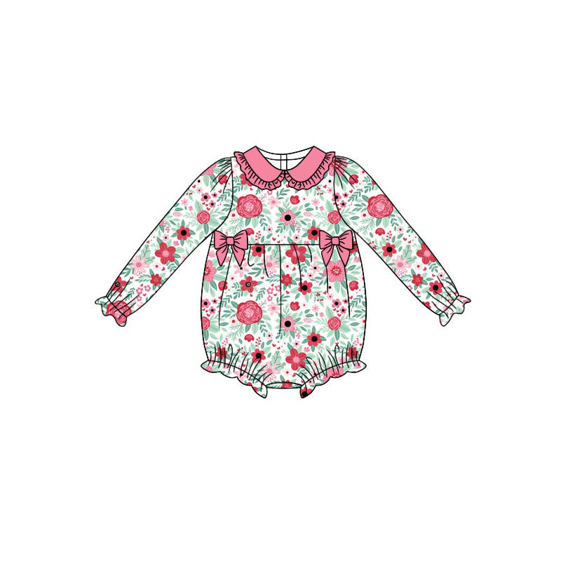 Preorder (moq 5)Baby Girls Long Ruffle Sleeve Pink Flowers Bows Rompers