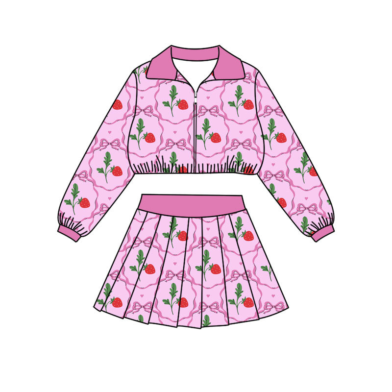 Preorder (moq 5)Baby Girls Bows Strawberry Zip Jackets Skirt Shorts Team Clothes Set