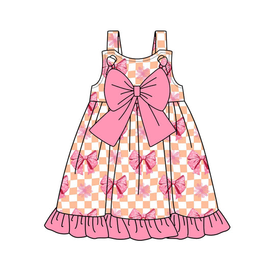 Preorder (moq 5)Baby Girls Pink Plaid Strap Polka Dots Bows Knee Length Dresses