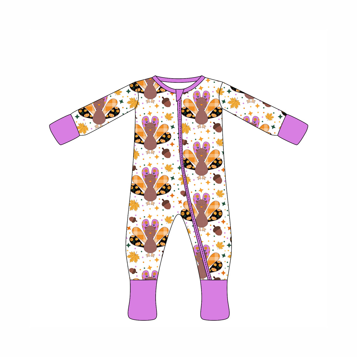 Preorder moq 10 Baby Kids Lavender Long Sleeves Pumpkins Stars Zipper Pant Rompers
