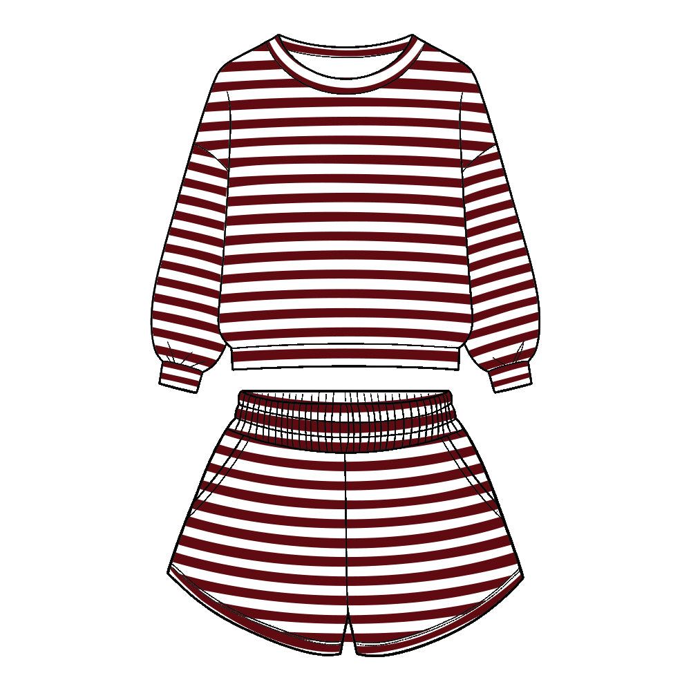 Preorder (moq 5)Baby Girls Long Sleeve Maroon Stripe Top Pockets Short Clothes Set