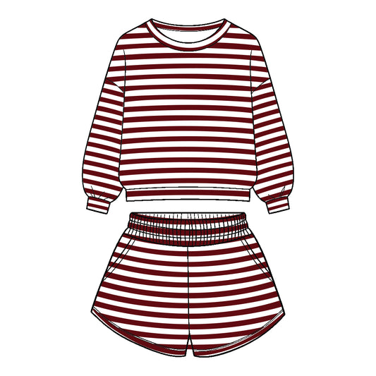 Preorder (moq 5)Baby Girls Long Sleeve Maroon Stripe Top Pockets Short Clothes Set