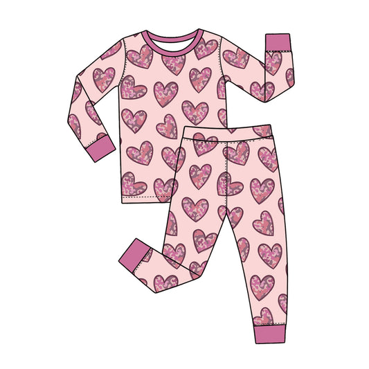 Preorder (moq 5) Baby Girl Clothes Leopard Heart Mixed Print Long Sleeve Pajama Set