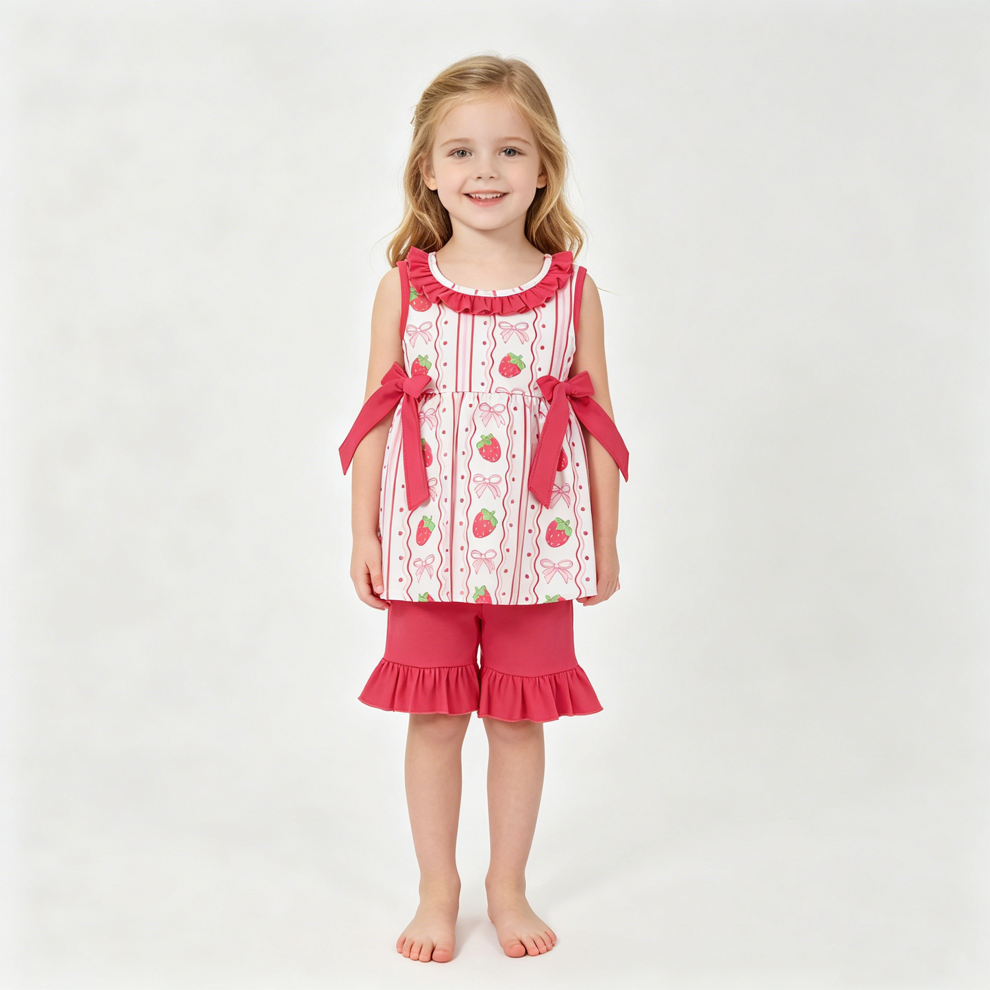Baby Girls Strawberry Bows Stripe Tunic Ruffle Shorts Clothes Set