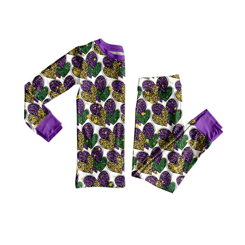 Preorder (moq 5)Baby Girls Leopard Hearts Top Pants Mardigras Pajamas Sets