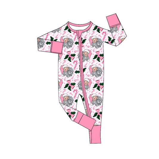 Preorder (moq 5)Baby Girls Pink Long Sleeves Candy Cane Santa Zipper Rompers