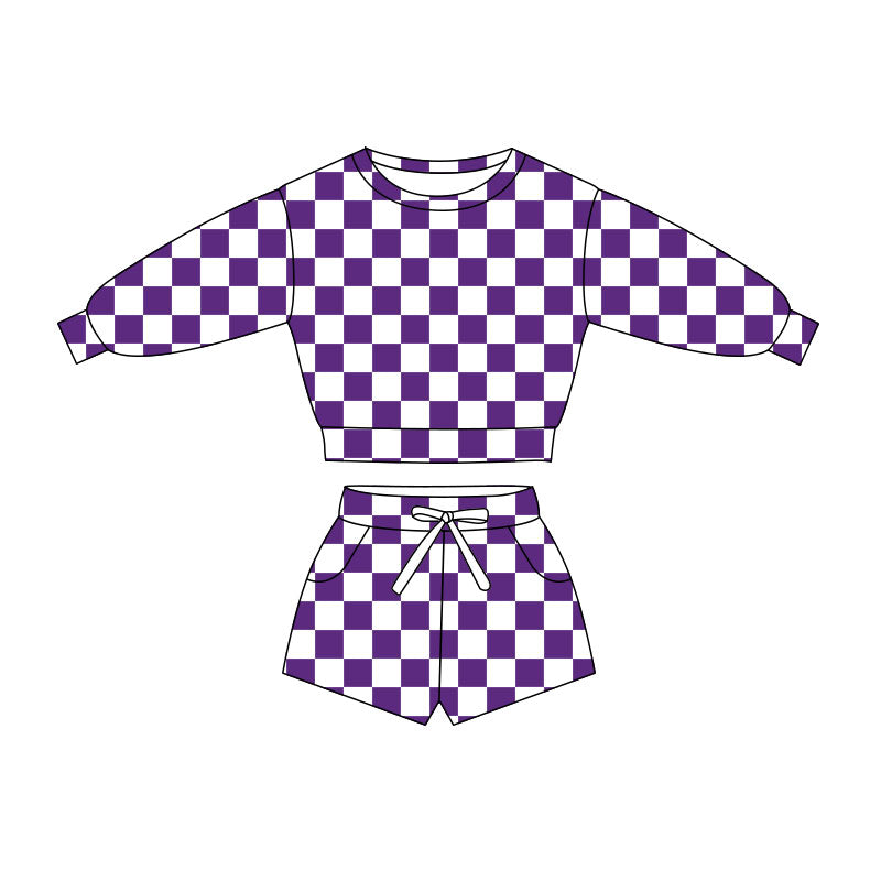 Preorder(moq 5) Baby Girls Purple Checked Long Sleeve Pockets Shorts Clothes Sets