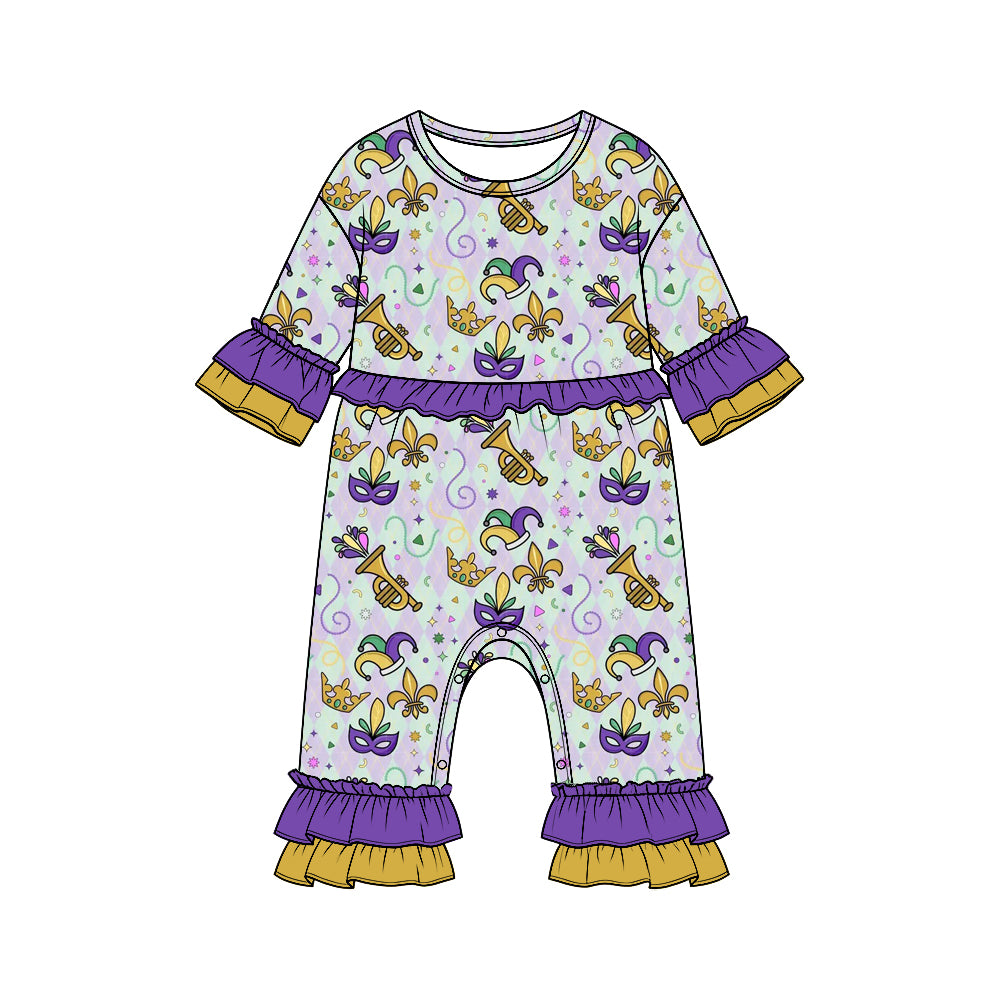 Preorder moq 5 Girls’ Mardi Gras Ruffle Long-Sleeve Romper, Trumpet Mask Print Holiday One-Piece Outfit