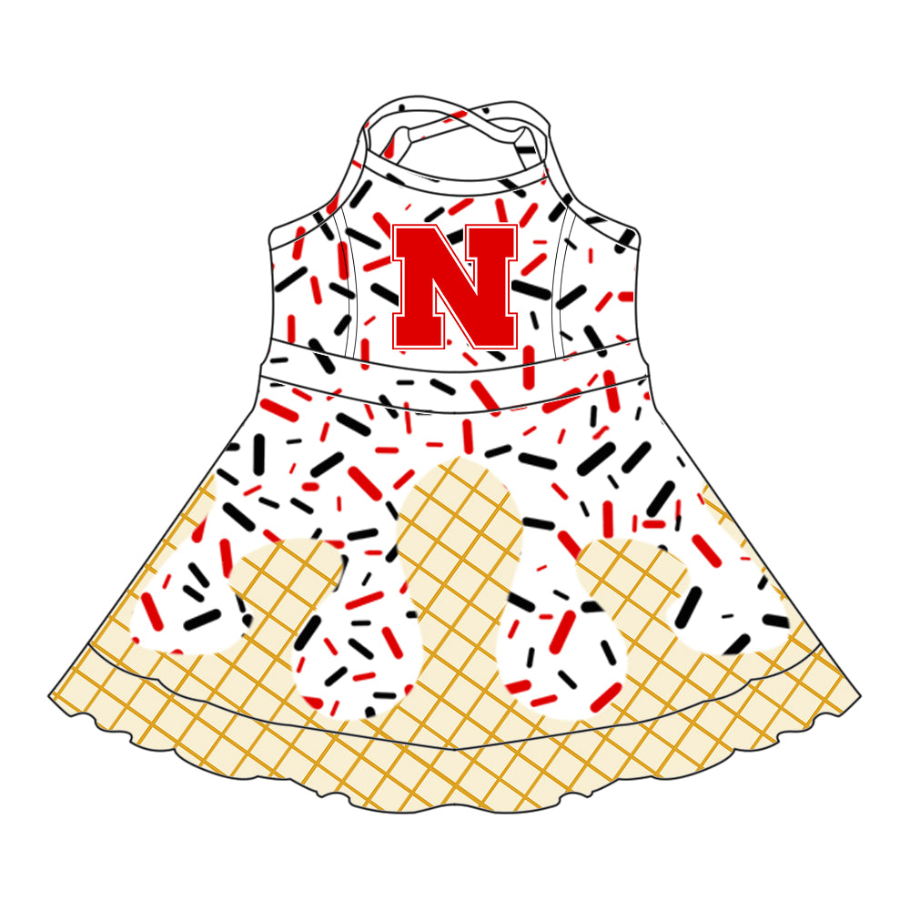 Preorder (moq 5)Baby Girls Strap Red N Drip Shorts Ruffle Team Knee Length Dresses