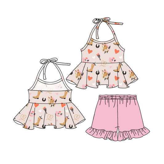 Preorder (moq 5)Baby Girls Pink Strap Boots Horses Tunic Ruffle Shorts Clothes Sets
