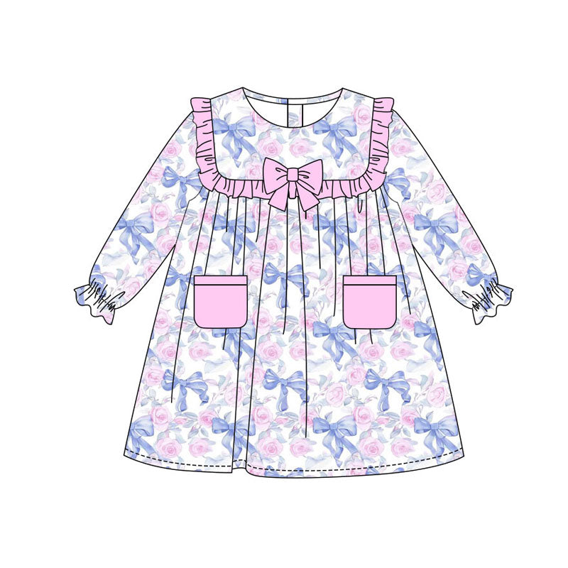 Preorder(moq 8)Baby Girls Flowers Bows Pockets Ruffle Sleeve Knee Length Dresses