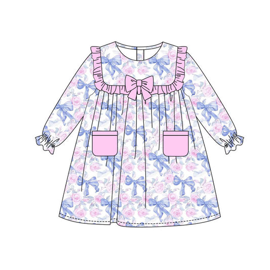 Preorder(moq 8)Baby Girls Flowers Bows Pockets Ruffle Sleeve Knee Length Dresses