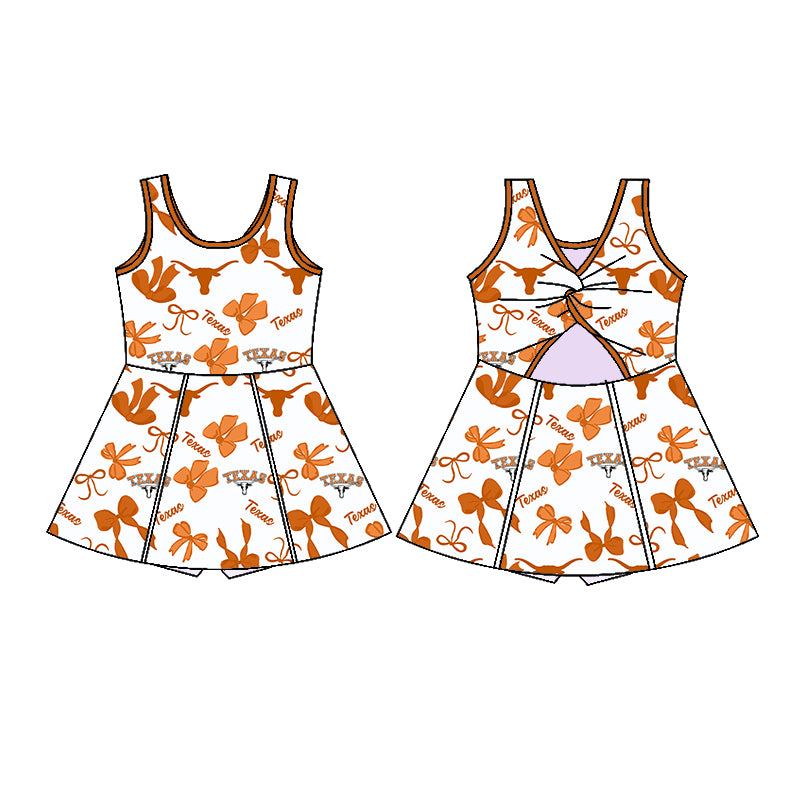 Preorder (moq 5)Baby Girls Orange Sleeveless TEXAS Bows Plaid Shorts Team Knee Length Dresses