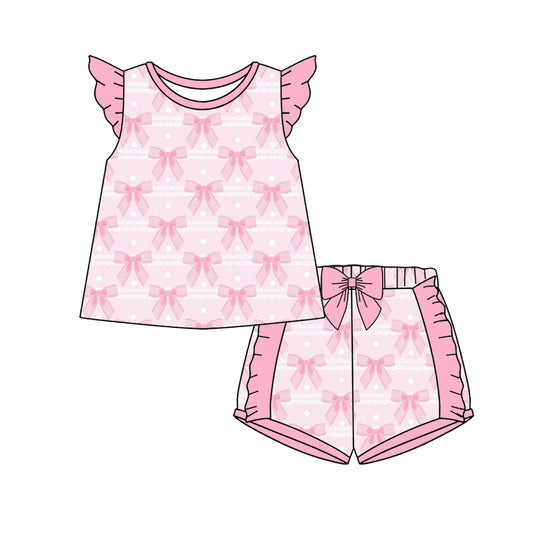 Preorder (moq 5)Baby Girls Flutter Sleeve Bows Polka Dots Tunic Ruffle Short Clothes Sets