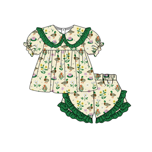 Preorder moq 5 Baby Girls Green Ducks Flowers Collar Tunic Ruffle Shorts Clothes Set