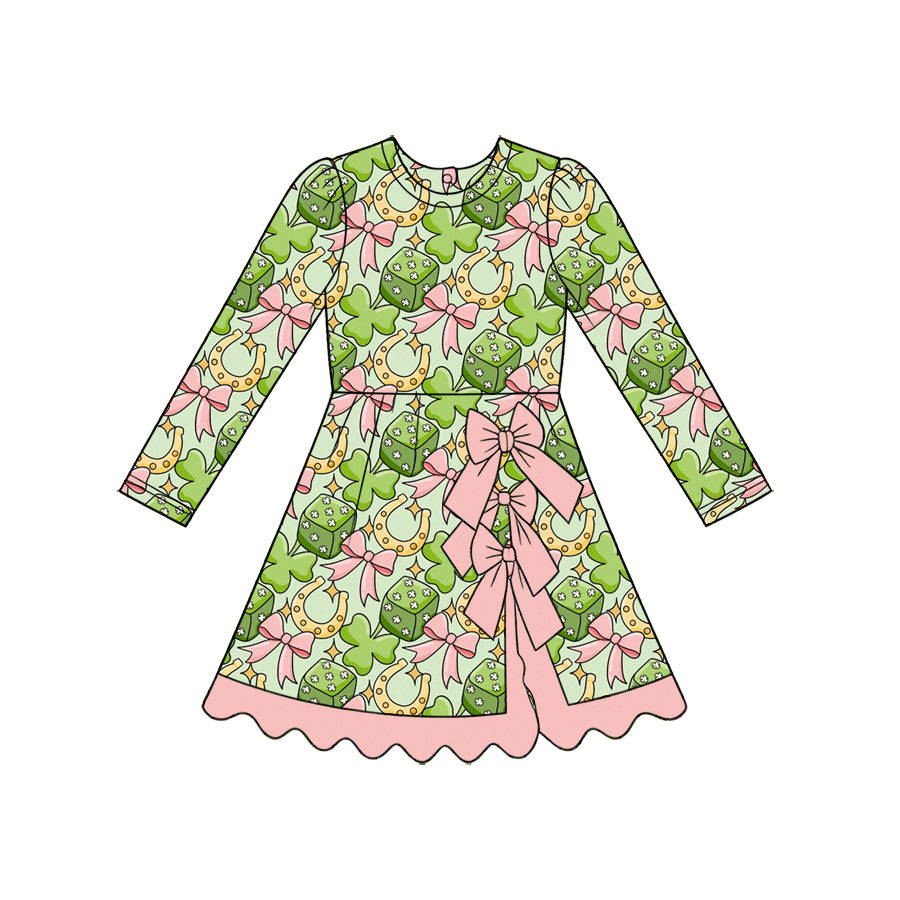 Preorder (moq 5) Girls’ Pink Long-Sleeve Round-Neck Ruffle Slit Dress with Three Large Bows