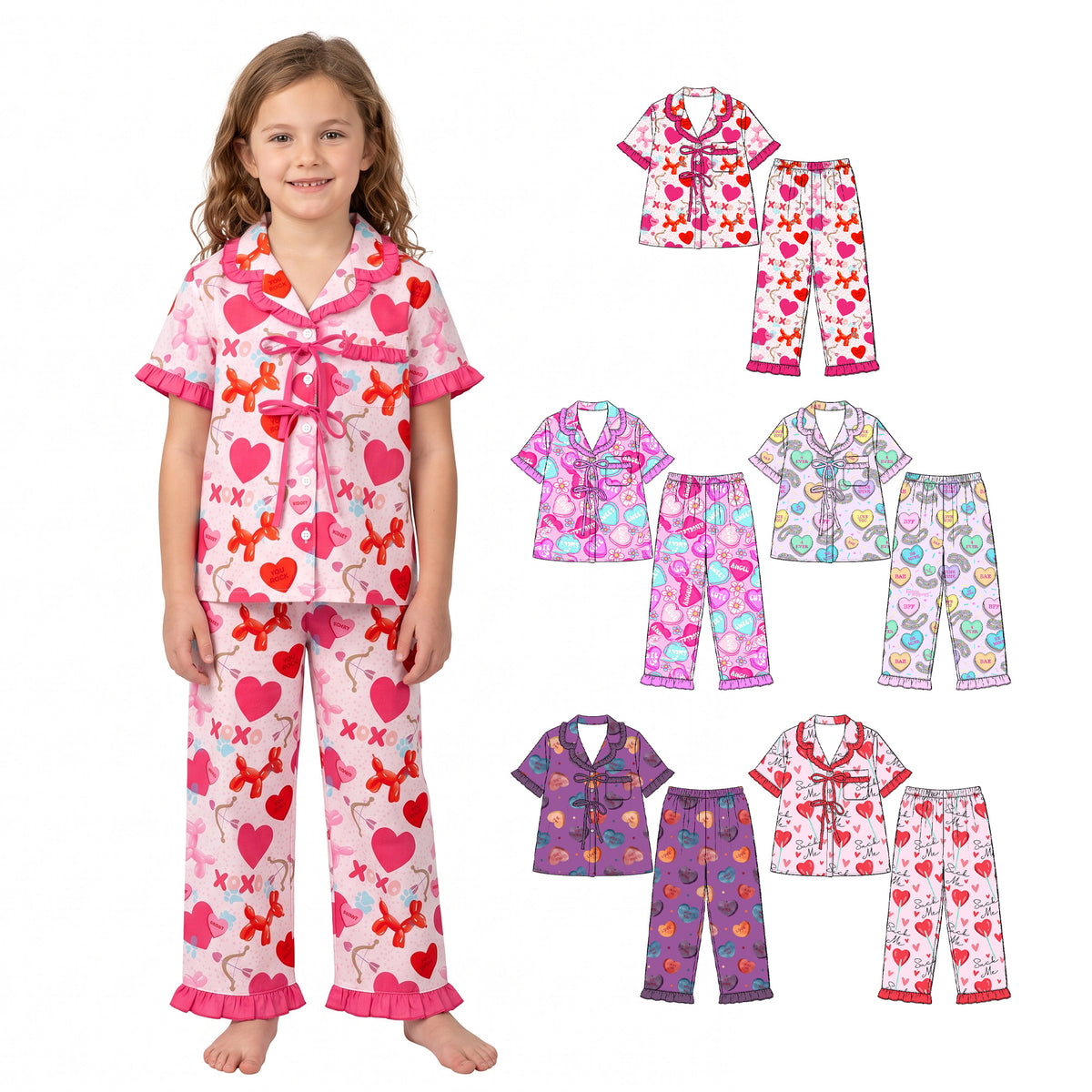 Preorder (moq 5) Baby Girl Clothes Valentines Sweet Heart Floral Text Mixed Print Short Sleeve Ruffle Pajama Set