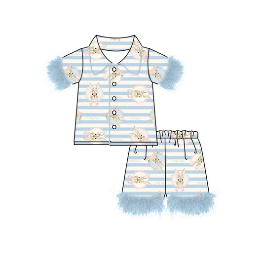 Preorder (moq 5) Baby Girl Clothes Easter Bunny Vintage Blue Stripe Print Short Sleeve Feather Trim Pajama Short Set