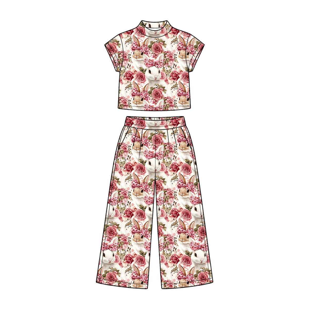 Preorder (moq 5) Baby Girl Clothes Rose Floral White Bunny Print Short Sleeve Wide Leg Pant Set