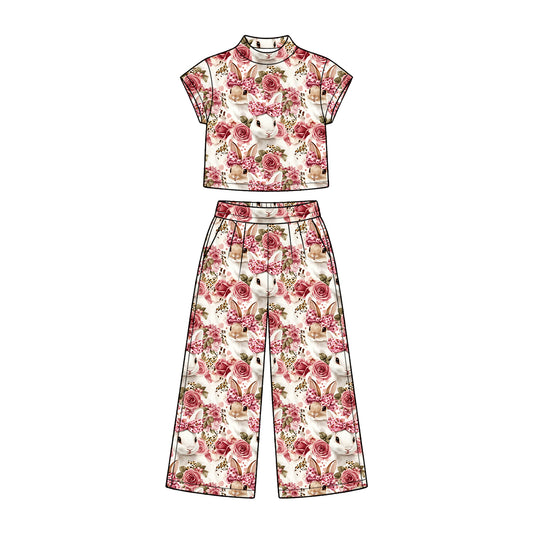 Preorder (moq 5) Baby Girl Clothes Rose Floral White Bunny Print Short Sleeve Wide Leg Pant Set