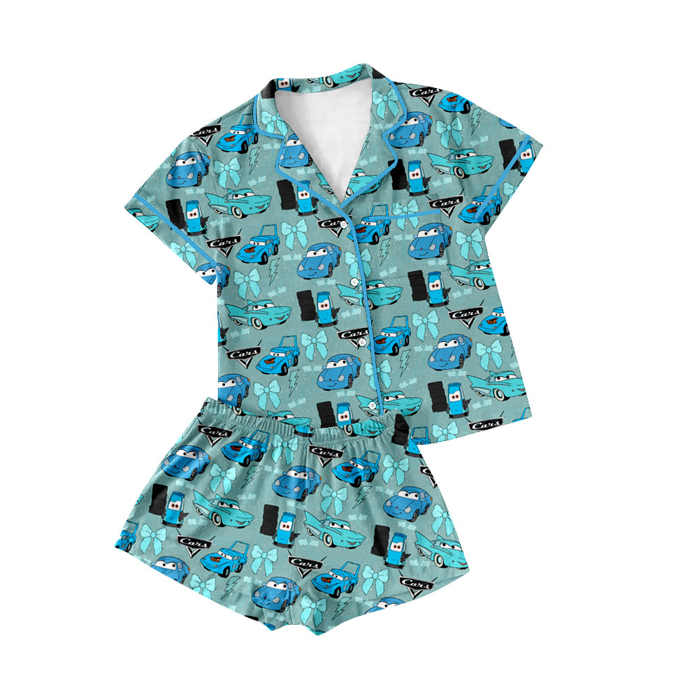 Preorder(moq 5)Adult Women Car Bows Lapel Button Tee Shirts Shorts Pajamas Sets