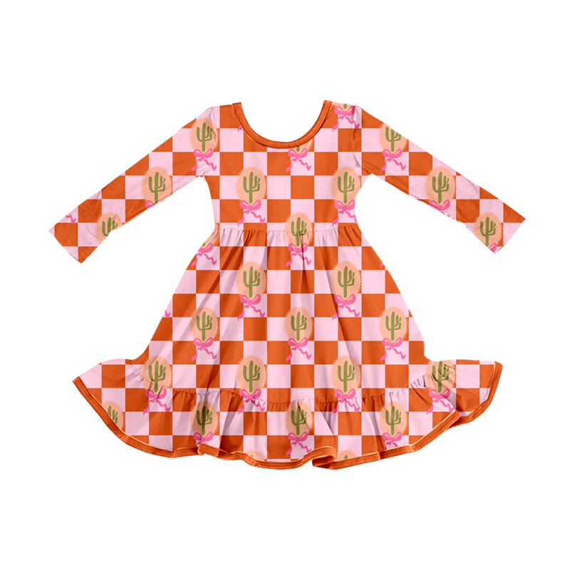 Preorder (moq 5)Baby Girls Western Pink Cactus Ruffle Knee Length Dresses