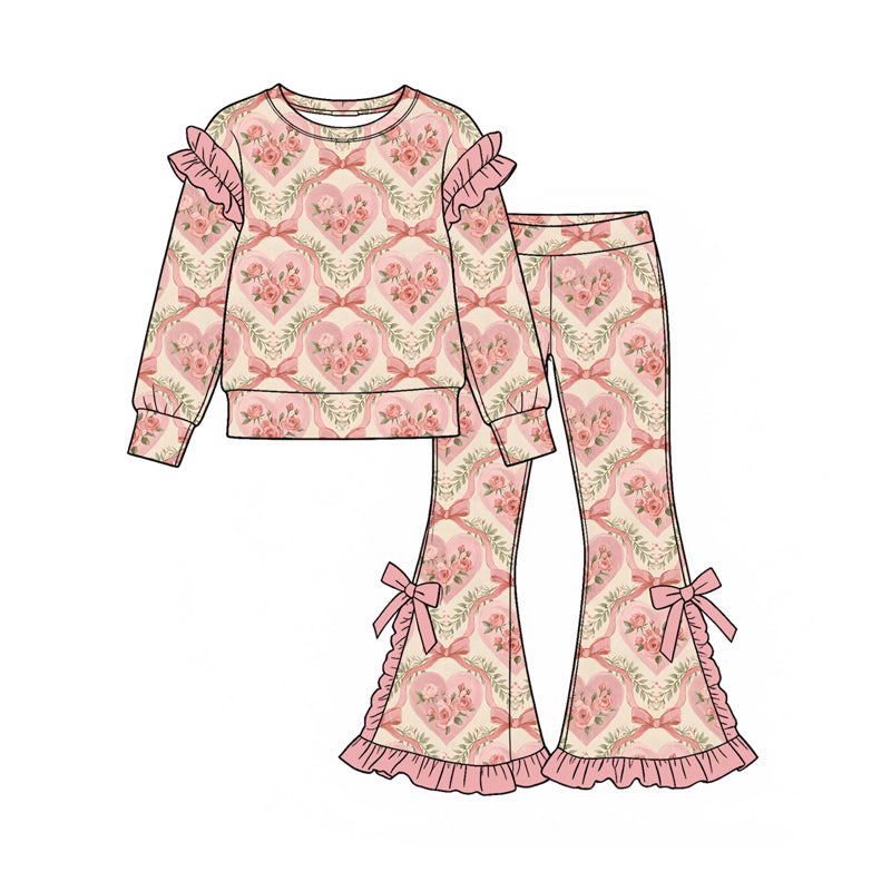 Preorder (moq 5) Girls’ Fall Dusty Pink Heart, Rose & Bow Ruffle Long-Sleeve Round-Neck Top with Flare Pants Set