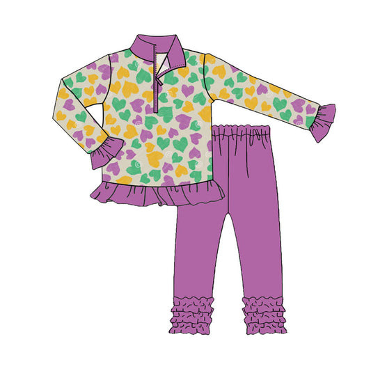 Preorder(moq 8)Baby Girls Mardigras Hearts Zipper Pullover Ruffle Leggings Clothes Sets
