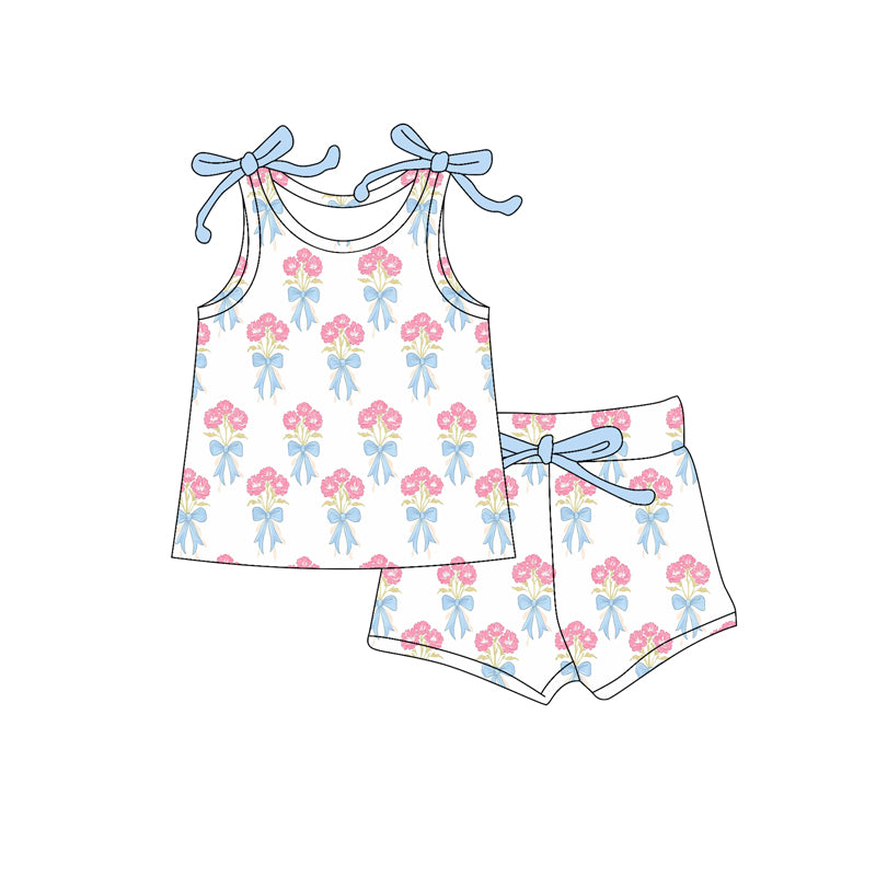 Preorder moq 5 Baby Girls Bows Sleeveless Pink Flowers Plaid Top Short Set