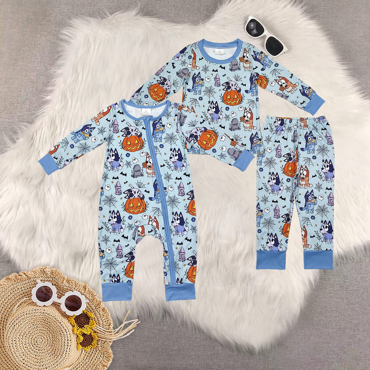 Sibling Baby Boys Blue Dogs Ghost Pumpkins Top Pant Halloween Pajamas Set Zip Rompers