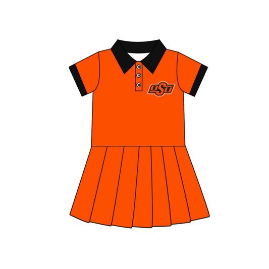 Preorder (moq 5)Baby Girls Orange Short Sleeves Button OSU Team Shorts Knee Length Dresses