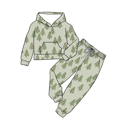 Preorder (moq 5)Baby Girls Green Trees Pocket Hoodie Jogger Christmas Clothes Set