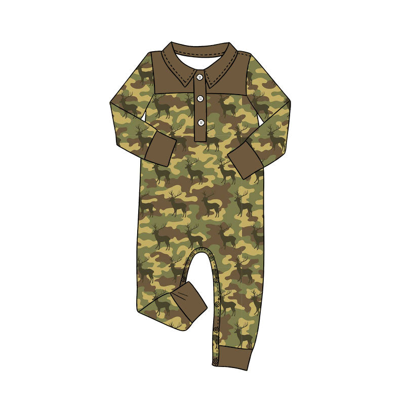 Preorder (moq 5)Baby Boys Long Sleeve Green Camo Deer Button Hunting Rompers