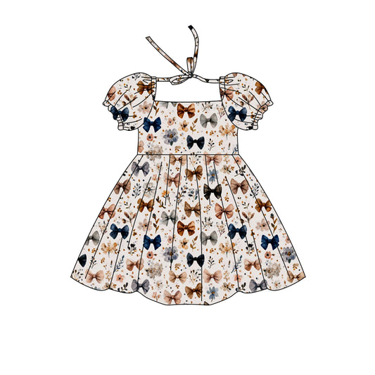 Preorder (moq 5)Baby Girls Short Ruffle Sleeve Colorful Flowers Bows Knee Length Dresses