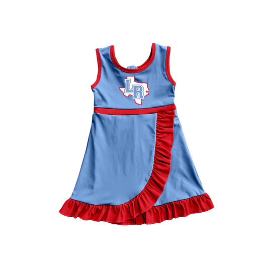 Preorder (moq 5)Baby Girls Light Blue Sleeveless LR Short Team Ruffle Knee Length Dresses
