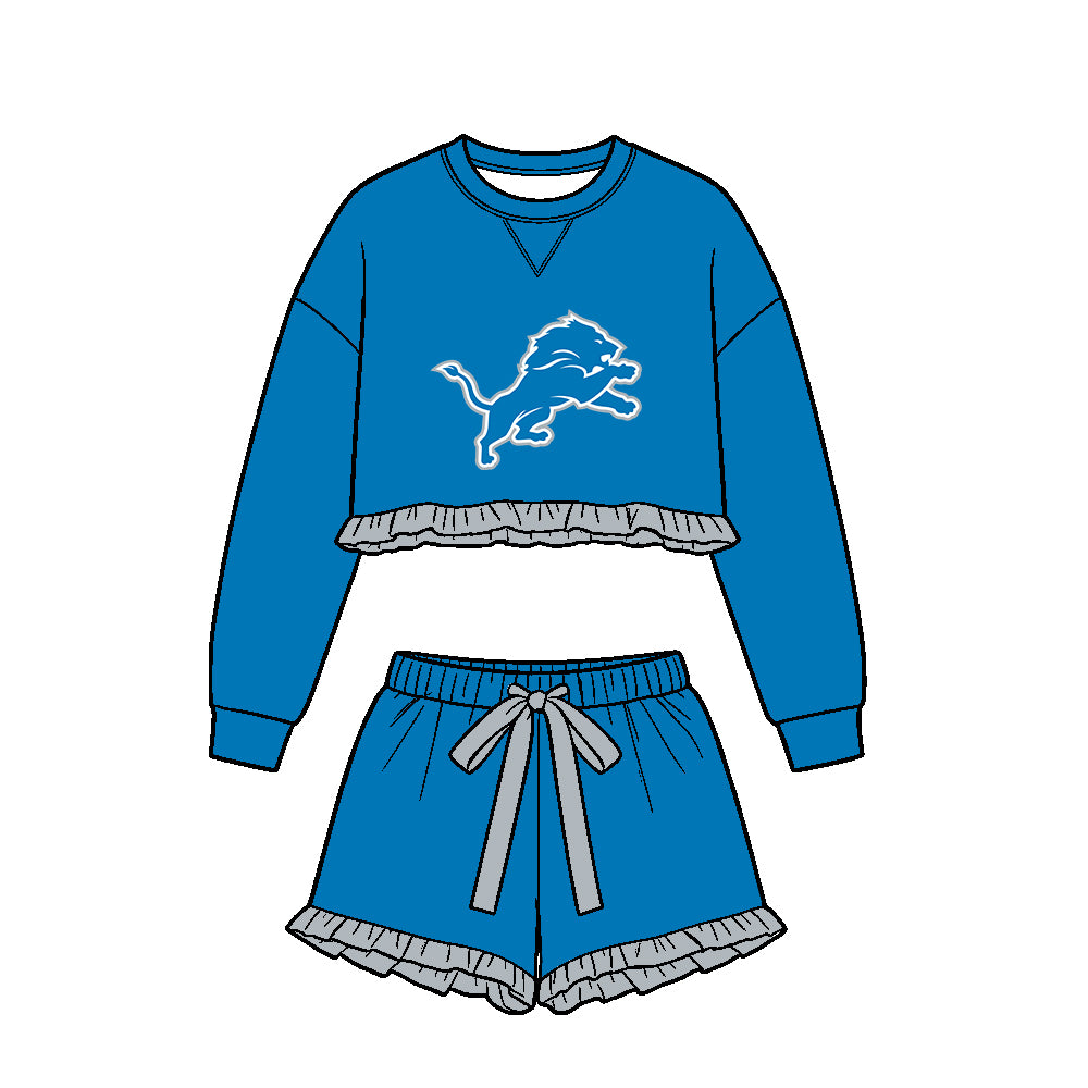 Preorder (moq 5)Baby Girls Blue Long Sleeve Lions Top Ruffle Short Team Clothes Set