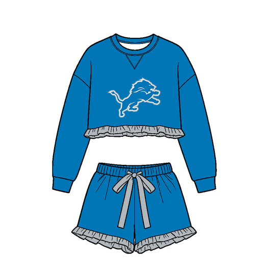 Preorder (moq 5)Baby Girls Blue Long Sleeve Lions Top Ruffle Short Team Clothes Set