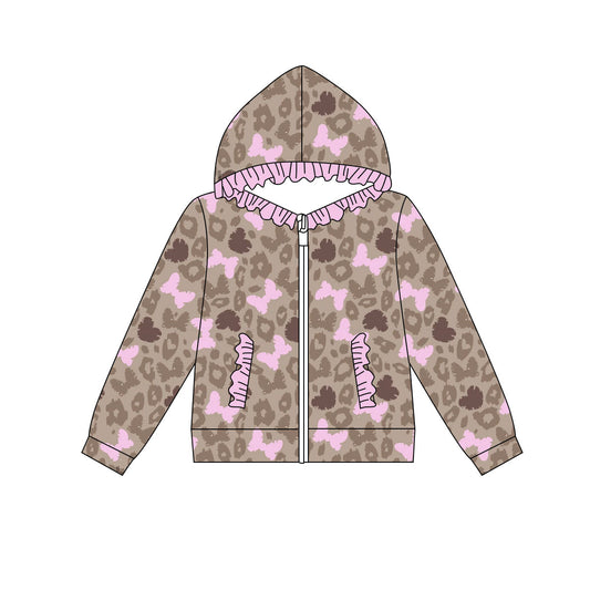 Preorder(moq 8)Baby Girls Brown Leopard Butterfly Pocket Zipper Ruffle Hoodie Jackets