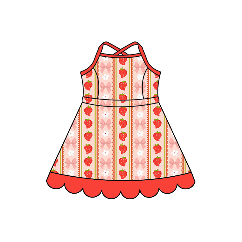 Preorder (moq 5)Baby Girls Strap Bows Strawberry Stripe Scallop Knee Length Dresses